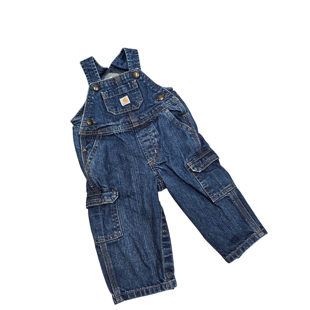 Carhartt Denim Cargo Overalls Baby Boys 9M Blue Bib Dungarees Workwear Rugged